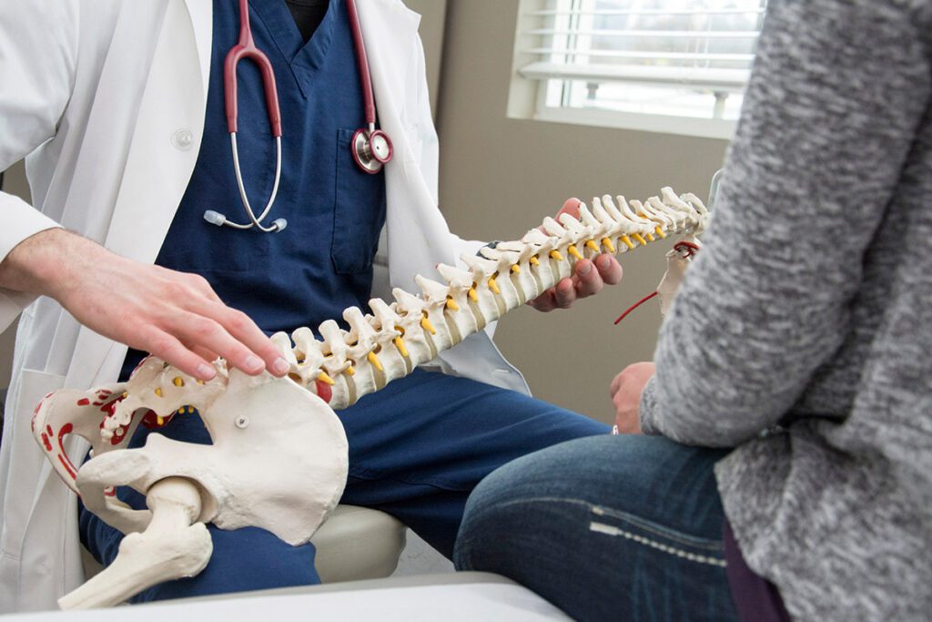 A doctor having a consultation with a patient about how the spine works.